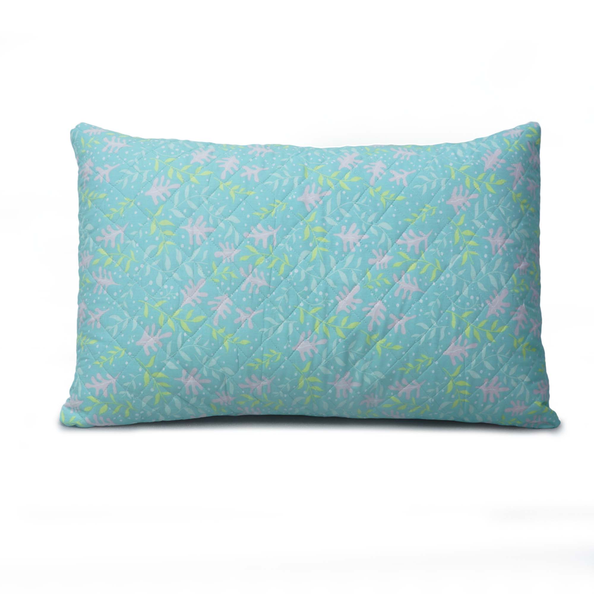 Coozly Set of 2 Quilted Pillow Cases | 100% Cotton Fabric | 45 X 70 Cms | Large Pillow Covers | Quilted Front (Minty Floral)