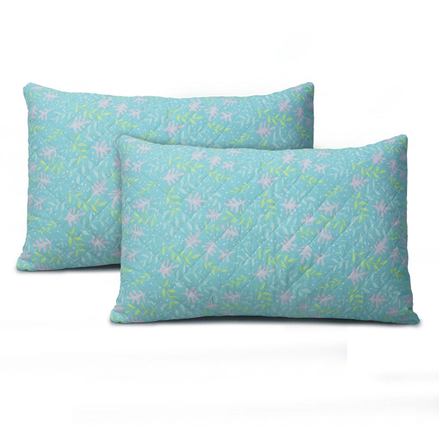 Coozly Set of 2 Quilted Pillow Cases | 100% Cotton Fabric | 45 X 70 Cms | Large Pillow Covers | Quilted Front (Minty Floral)