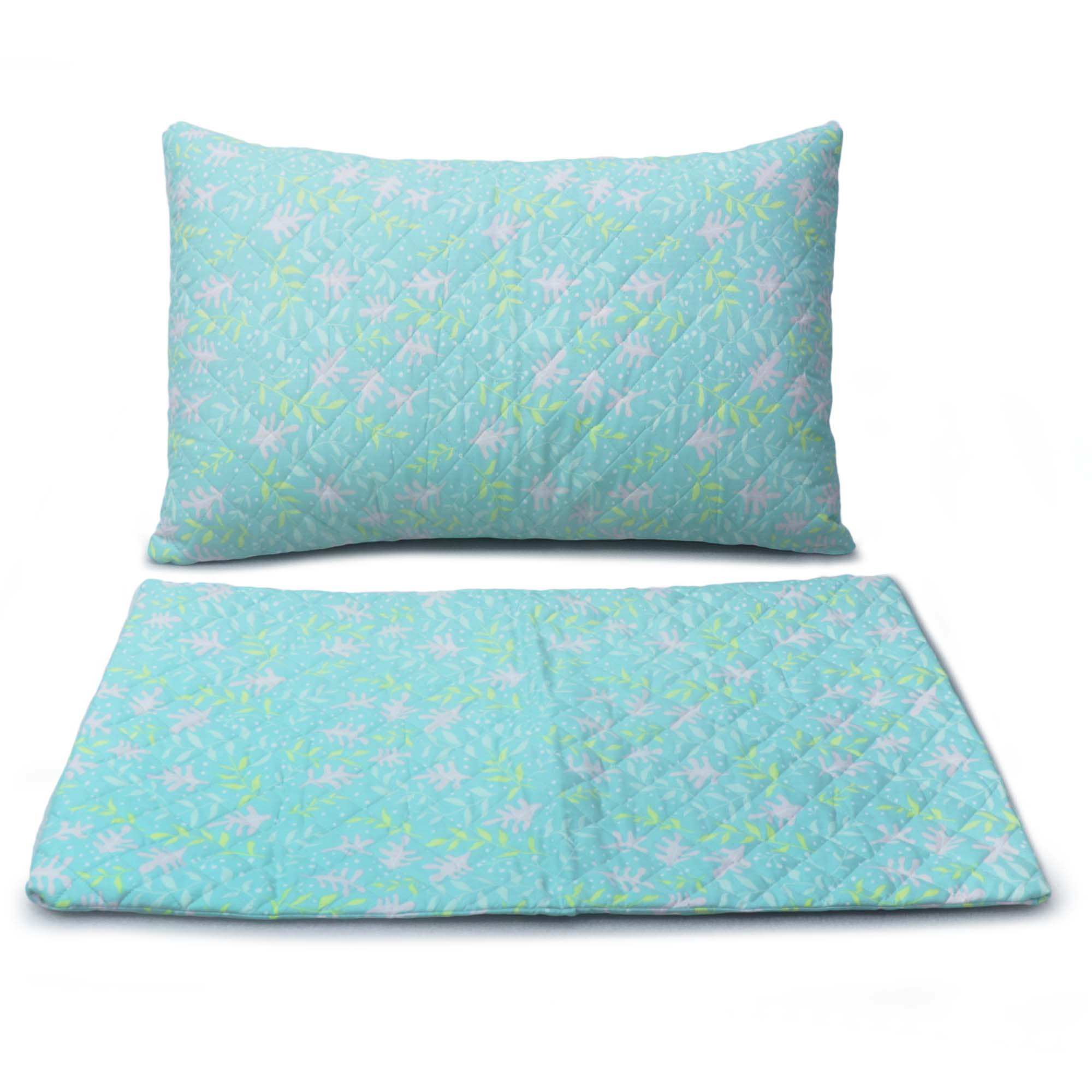 Coozly Set of 2 Quilted Pillow Cases | 100% Cotton Fabric | 45 X 70 Cms | Large Pillow Covers | Quilted Front (Minty Floral)