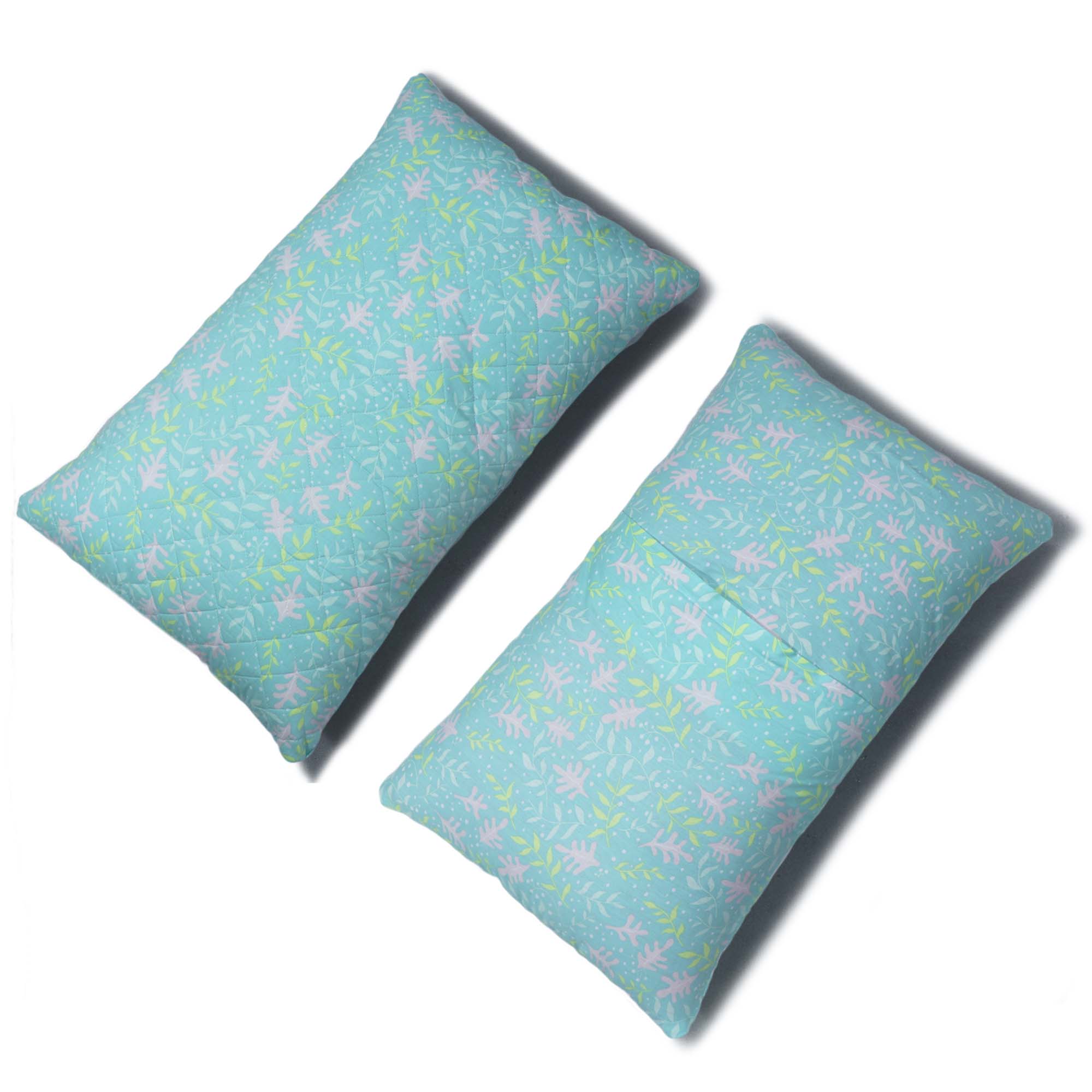 Coozly Set of 2 Quilted Pillow Cases | 100% Cotton Fabric | 45 X 70 Cms | Large Pillow Covers | Quilted Front (Minty Floral)