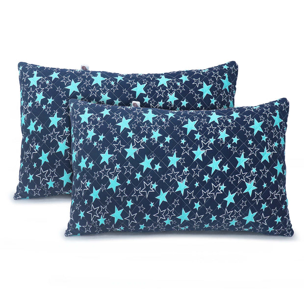 Coozly Set of 2 Quilted Pillow Cases | 100% Cotton Fabric | 45 X 70 Cms | Large Pillow Covers | Quilted Front (Navy Star)