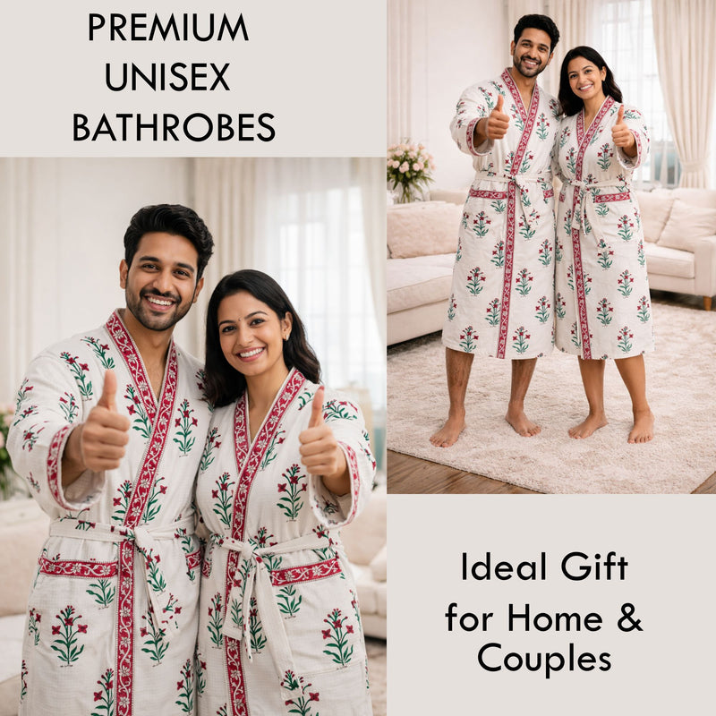 Premium Unisex 100% Cotton Waffle Printed Absorbent Bathrobe - Block Print