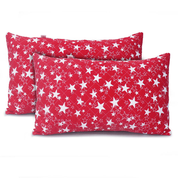 Coozly Set of 2 Quilted Pillow Cases | 100% Cotton Fabric | 45 X 70 Cms | Large Pillow Covers | Quilted Front (Red Star)