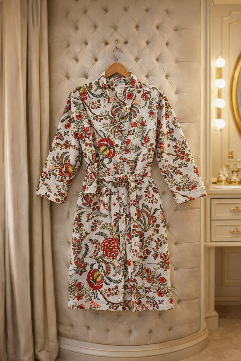Premium Unisex 100% Cotton Waffle Printed Absorbent Bathrobe - Floral Magic