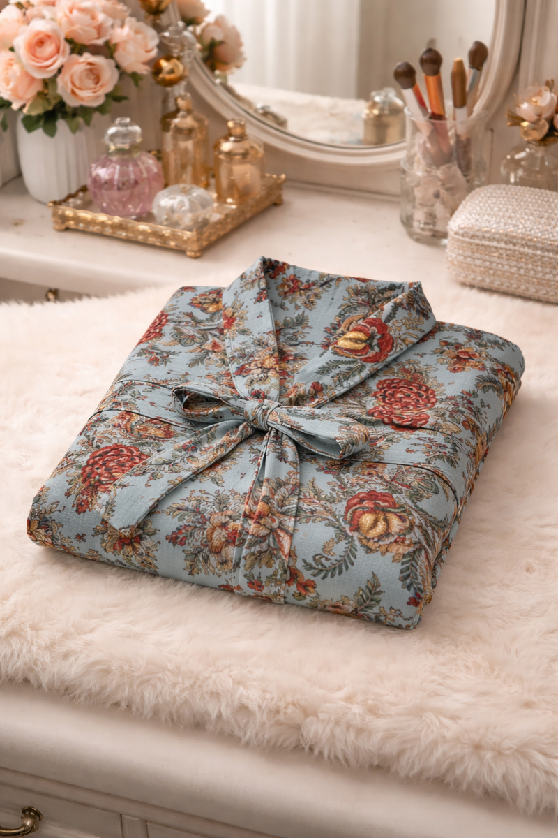 Premium Unisex 100% Cotton Waffle Printed Absorbent Bathrobe - Teal Flora