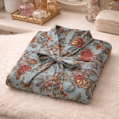 Premium Unisex 100% Cotton Waffle Printed Absorbent Bathrobe - Teal Flora