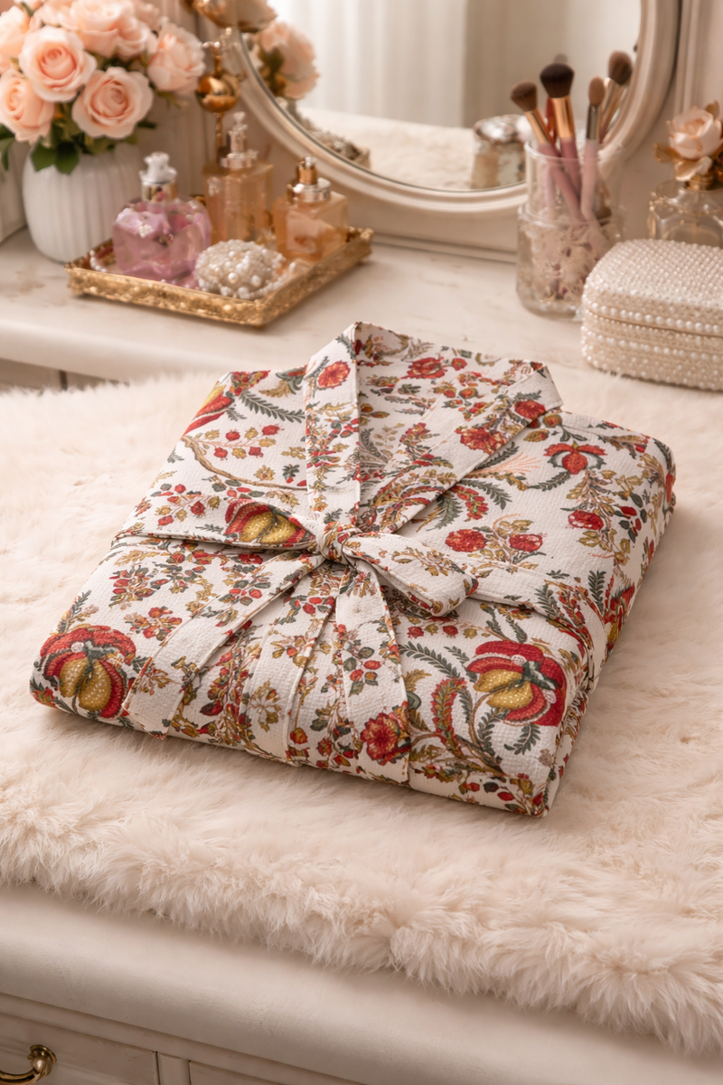 Premium Unisex 100% Cotton Waffle Printed Absorbent Bathrobe - Flora