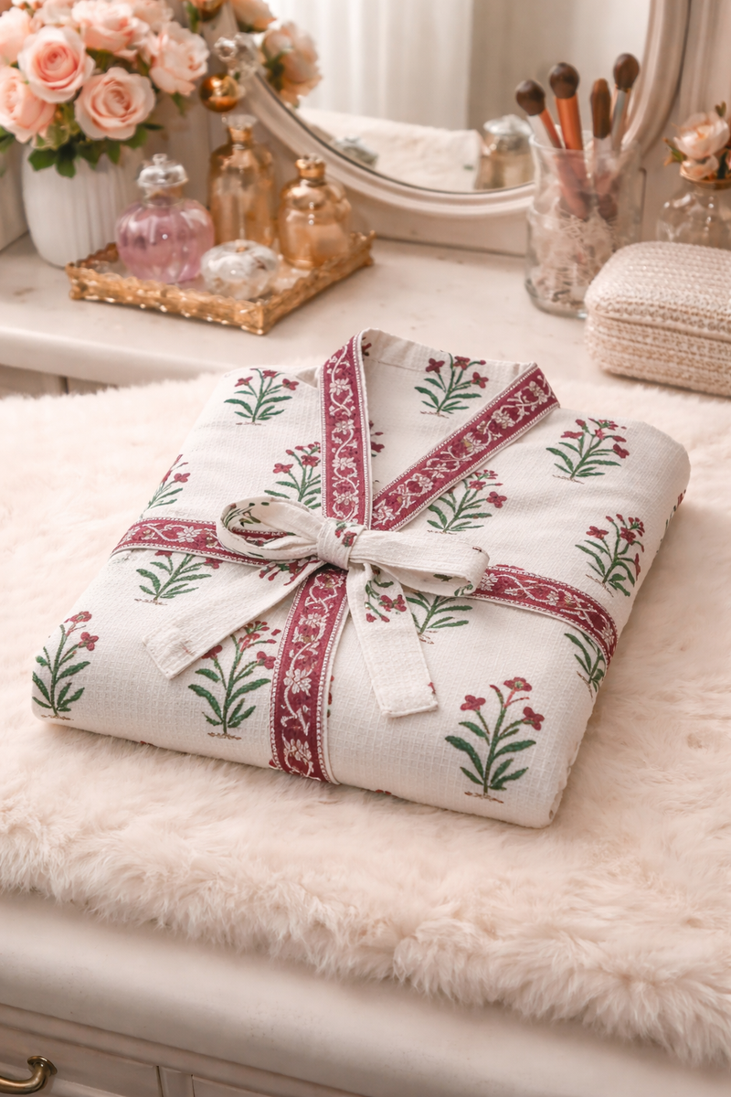 Premium Unisex 100% Cotton Waffle Printed Absorbent Bathrobe - Block Print