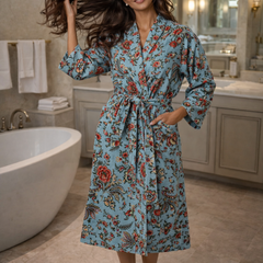 Premium Unisex 100% Cotton Waffle Printed Absorbent Bathrobe - Teal Flora