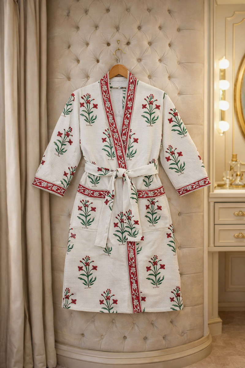 Premium Unisex 100% Cotton Waffle Printed Absorbent Bathrobe - Block Print