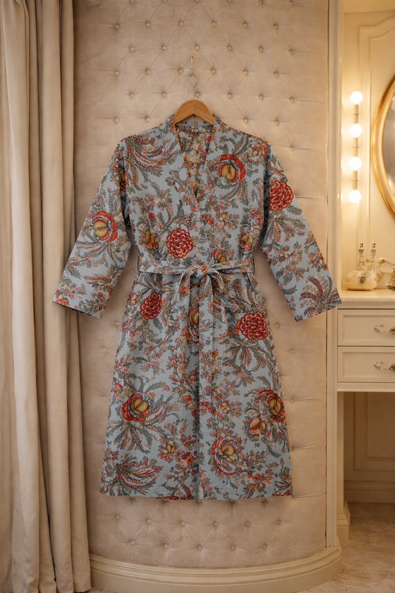 Premium Unisex 100% Cotton Waffle Printed Absorbent Bathrobe - Teal Flora