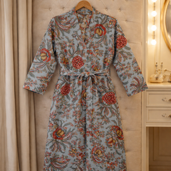 Premium Unisex 100% Cotton Waffle Printed Absorbent Bathrobe - Teal Flora