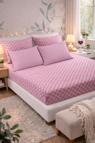 Pink Cascade Cotton 200 TC Bedsheet + 4 Pillow Covers