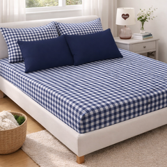 Blue Checks Cotton 200 TC Bedsheet + 4 Pillow Covers