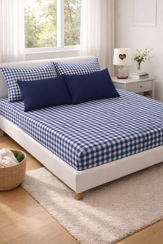 Blue Checks Cotton 200 TC Bedsheet + 4 Pillow Covers