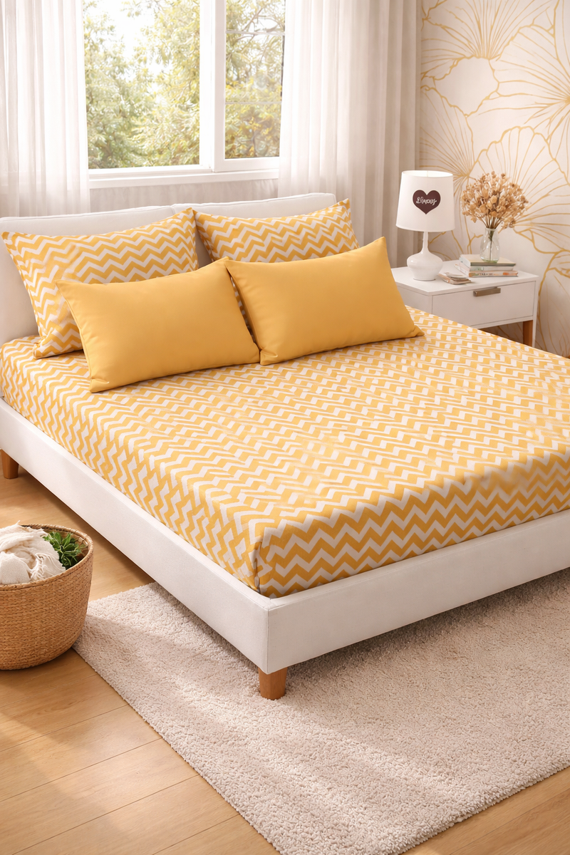 Orange Chevron Cotton 200 TC Bedsheet + 4 Pillow Covers