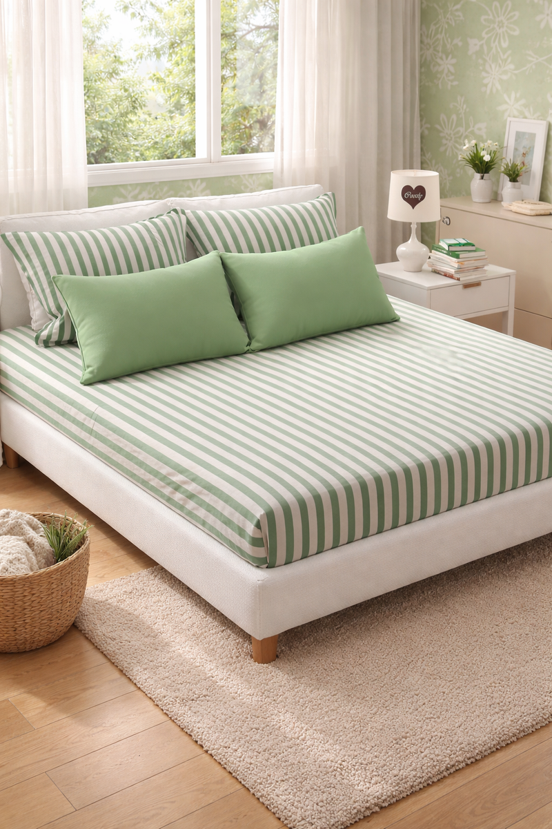 Green Stripes Cotton 200 TC Bedsheet + 4 Pillow Covers