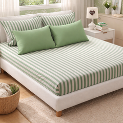 Green Stripes Cotton 200 TC Bedsheet + 4 Pillow Covers