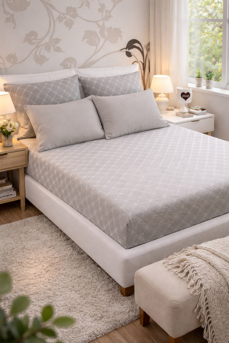 Beige Hex Cotton 200 TC Bedsheet + 4 Pillow Covers