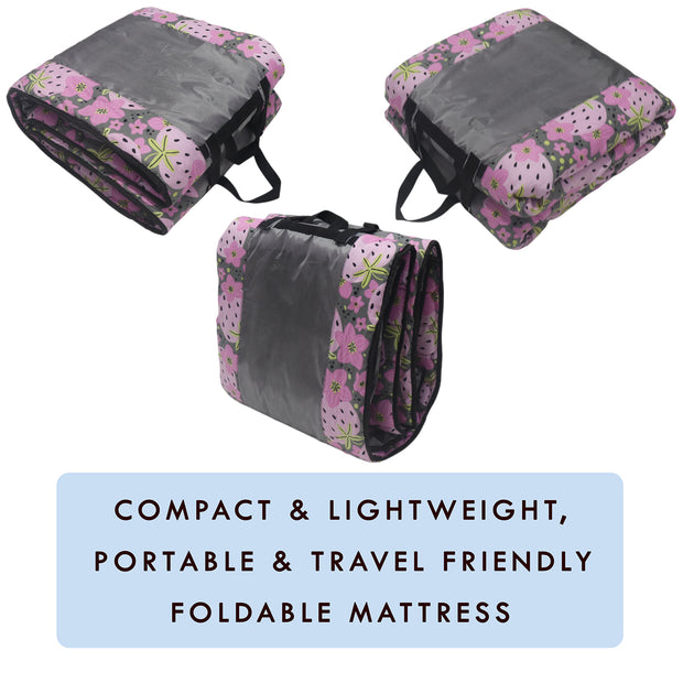 Cotton Fabric Foldable Floor Mattress with 1 inch Thick Foam and Fibre Padding | Size 72 X 36 Inches | Portable, Lightweight Travel Mat in Carry Bag Style (Berry)
