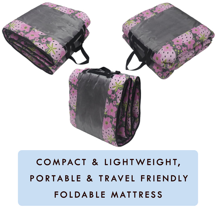 Cotton Fabric Foldable Floor Mattress with 1 inch Thick Foam and Fibre Padding | Size 72 X 36 Inches | Portable, Lightweight Travel Mat in Carry Bag Style (Berry)