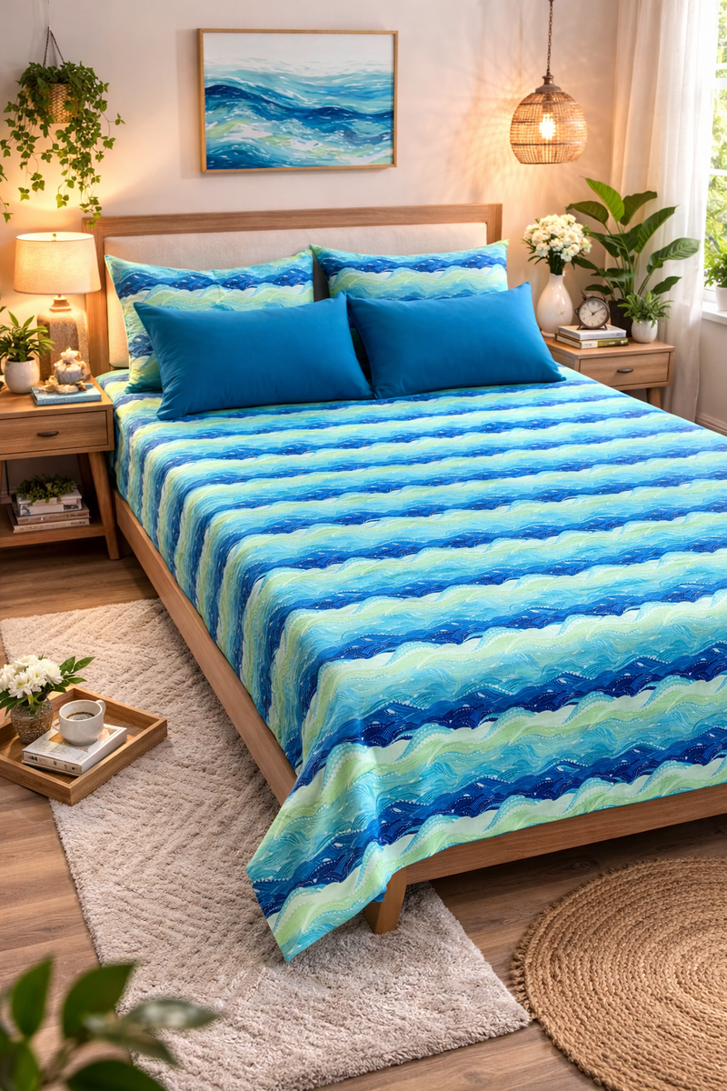 Waves Cotton 200 TC Bedsheet + 4 Pillow Covers