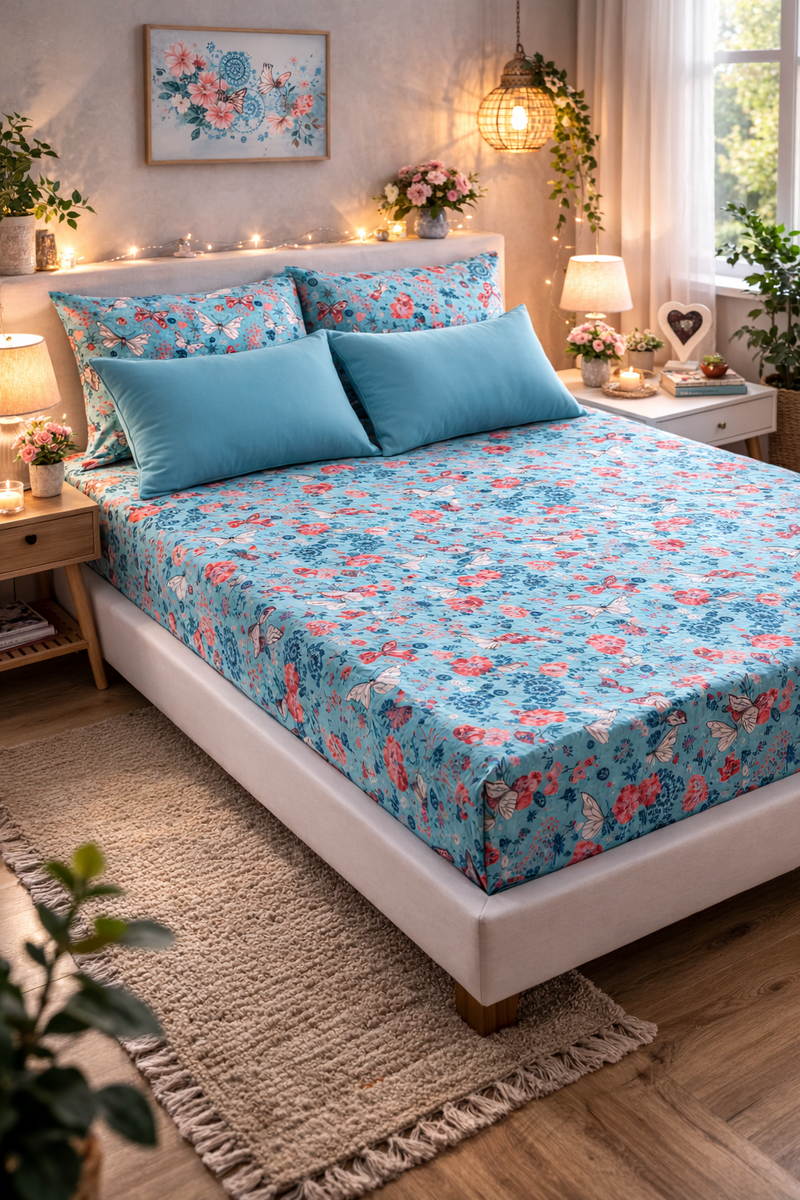 Blue Butterfly 200 TC Bedsheet + 4 Pillow Covers