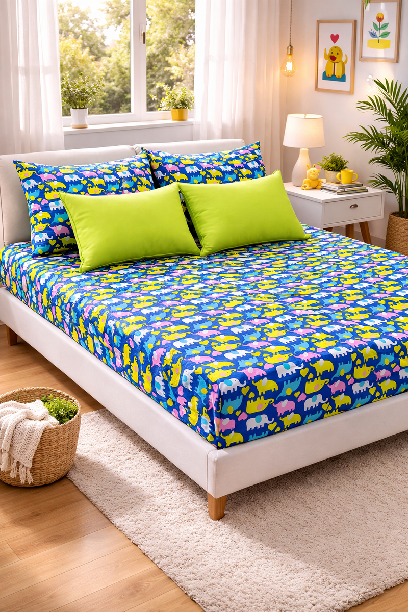 Dancing Elephants 200 TC Bedsheet + 4 Pillow Covers