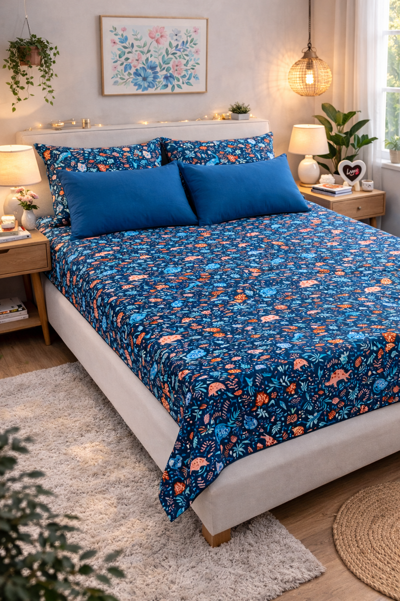 Happy Dino 200 TC Bedsheet + 4 Pillow Covers