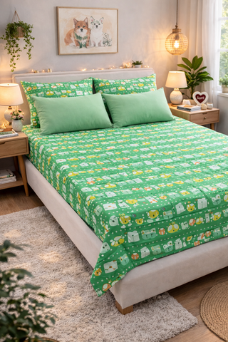 Green Panda 200 TC Bedsheet + 4 Pillow Covers