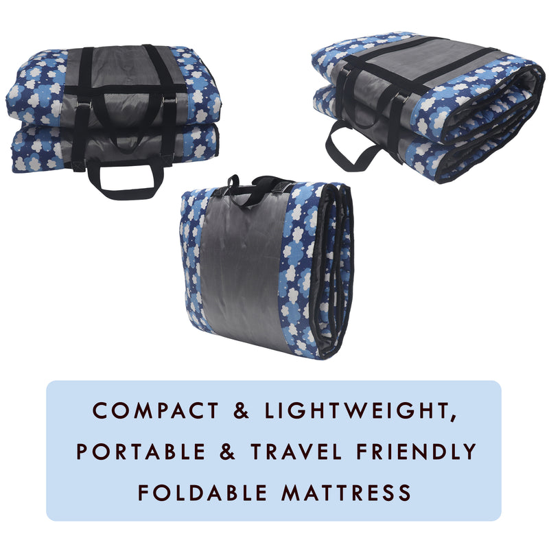 Cotton Fabric Foldable Floor Mattress with 1 inch Thick Foam and Fibre Padding | Size 72 X 36 Inches | Portable, Lightweight Travel Mat in Carry Bag Style (Clouds)