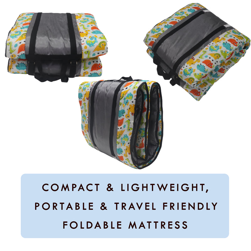 Cotton Fabric Foldable Floor Mattress with 1 inch Thick Foam and Fibre Padding | Size 72 X 36 Inches | Portable, Lightweight Travel Mat in Carry Bag Style (Dinos)