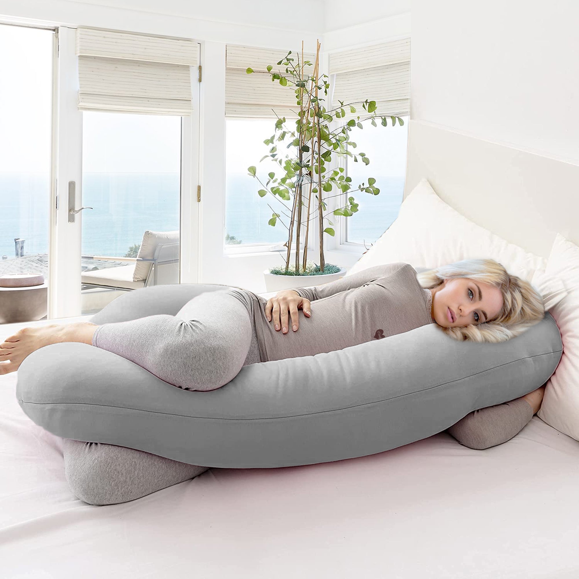 Bed Buddy Full Body Pillow and C-Shape Pregnancy Pillow - Maternity Support Pillow, Gray