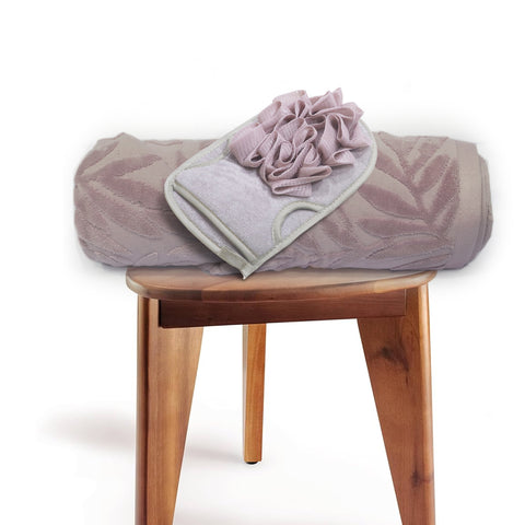 Mauve Leaf- Dermbrandt Premium Bath Towels with Loofah