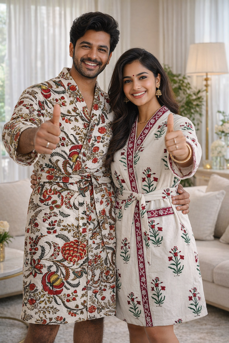 Premium Unisex 100% Cotton Waffle Printed Absorbent Bathrobe - Flora