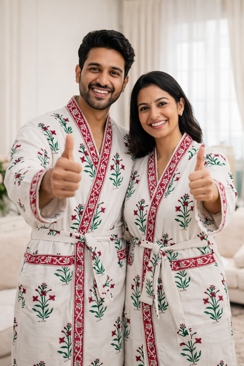 Premium Unisex 100% Cotton Waffle Printed Absorbent Bathrobe - Block Print