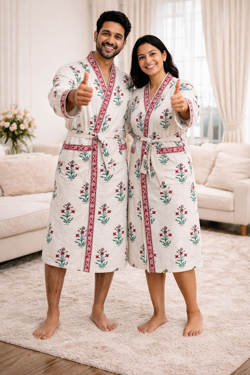 Premium Unisex 100% Cotton Waffle Printed Absorbent Bathrobe - Block Print