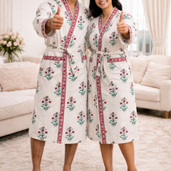 Premium Unisex 100% Cotton Waffle Printed Absorbent Bathrobe - Block Print