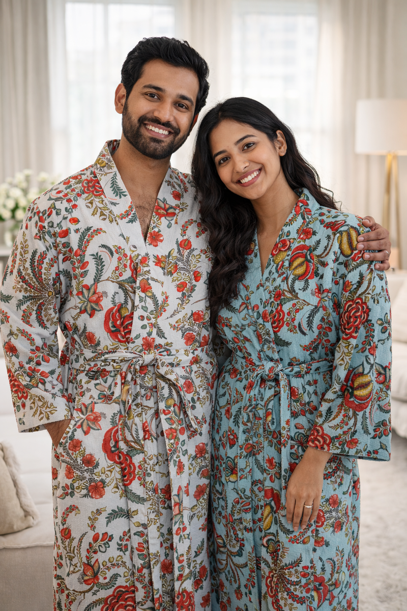 Premium Unisex 100% Cotton Waffle Printed Absorbent Bathrobe - Teal Flora