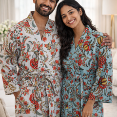 Premium Unisex 100% Cotton Waffle Printed Absorbent Bathrobe - Teal Flora