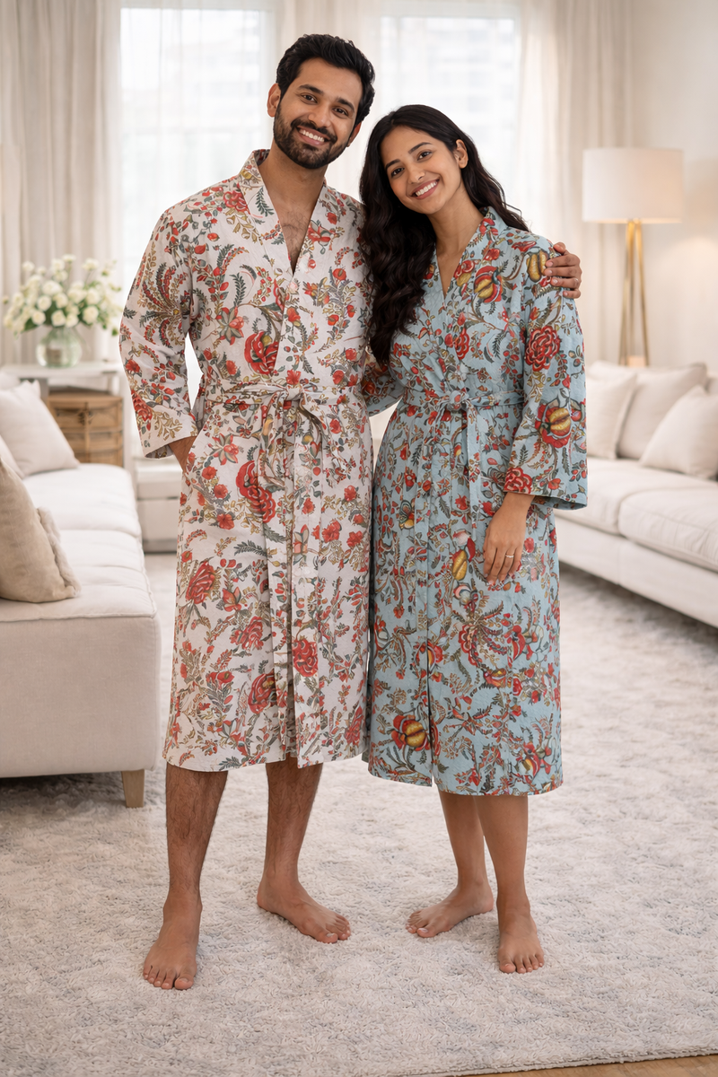 Premium Unisex 100% Cotton Waffle Printed Absorbent Bathrobe - Teal Flora
