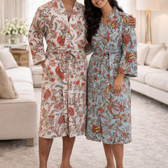 Premium Unisex 100% Cotton Waffle Printed Absorbent Bathrobe - Teal Flora