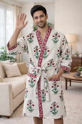 Premium Unisex 100% Cotton Waffle Printed Absorbent Bathrobe - Block Print