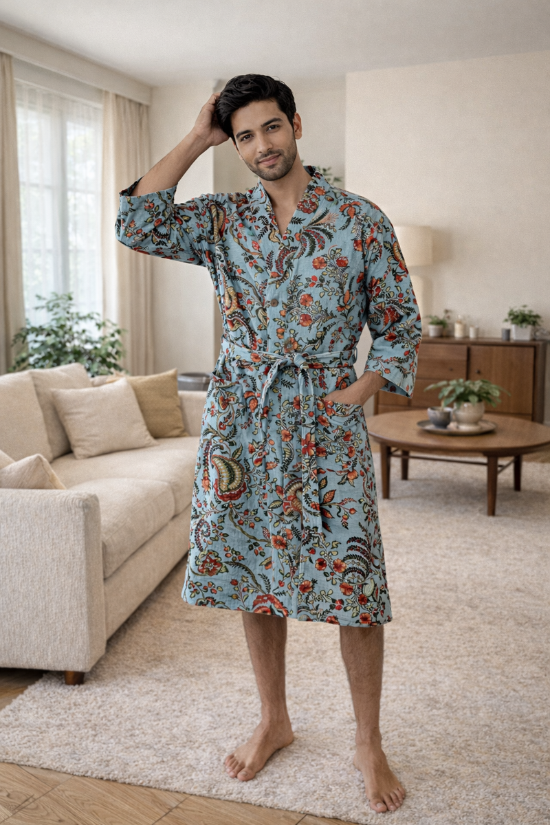 Premium Unisex 100% Cotton Waffle Printed Absorbent Bathrobe - Teal Flora