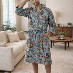 Premium Unisex 100% Cotton Waffle Printed Absorbent Bathrobe - Teal Flora