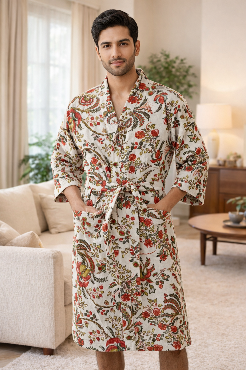 Premium Unisex 100% Cotton Waffle Printed Absorbent Bathrobe - Flora