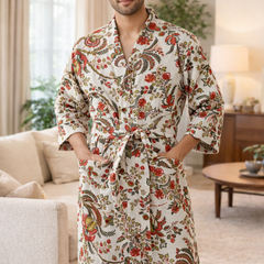 Premium Unisex 100% Cotton Waffle Printed Absorbent Bathrobe - Flora