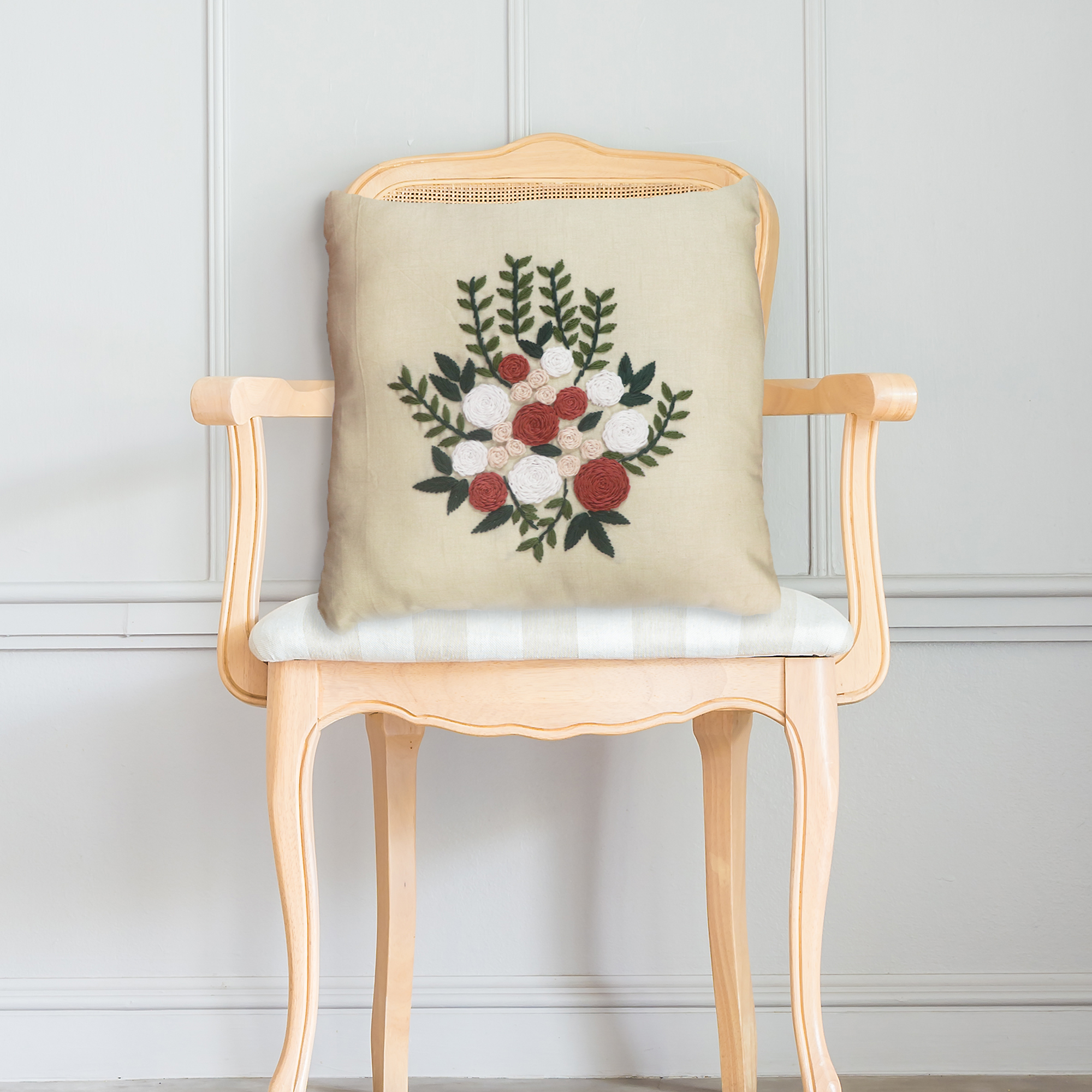 Beige Floral Hand Embroidered Cushion