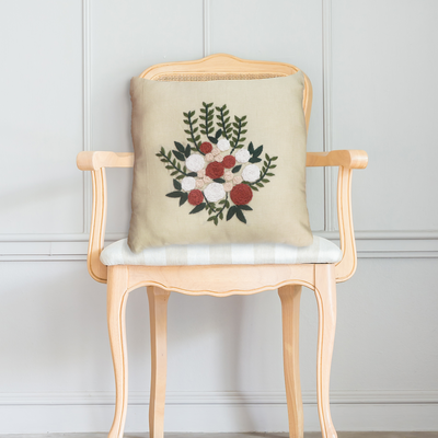 Beige Floral Hand Embroidered Cushion