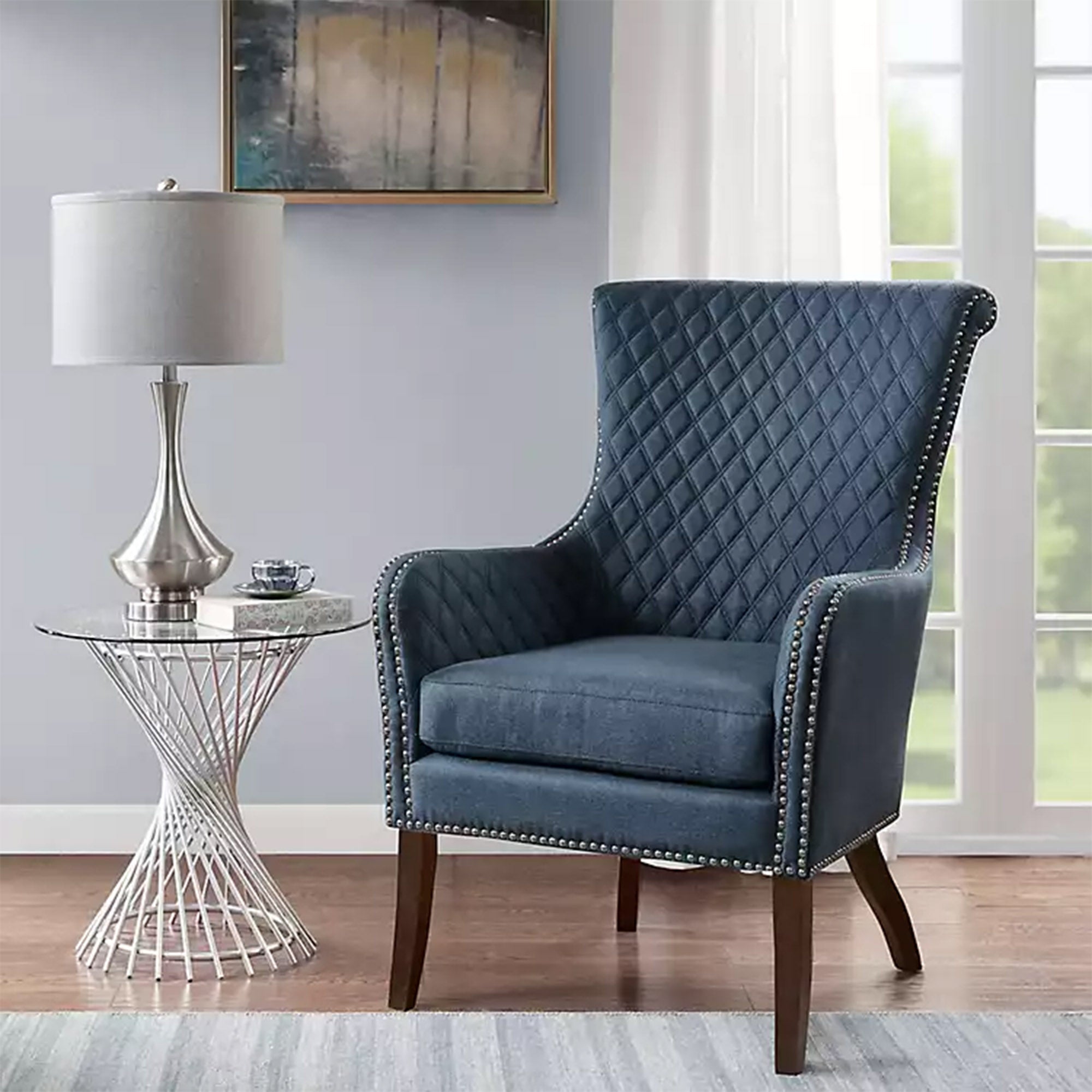 Blue Quilted Nail Trim Accent Chair